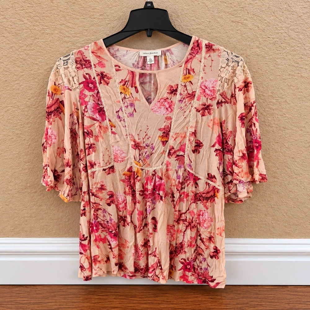Vintage America Floral Peasant Blouse Size L Pink Crochet Lace Boho Summer Top